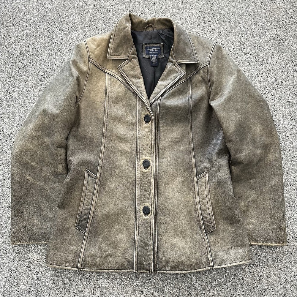 American Eagle Leather Jacket Womens Large Brown Distressed Coat Grunge Y2K